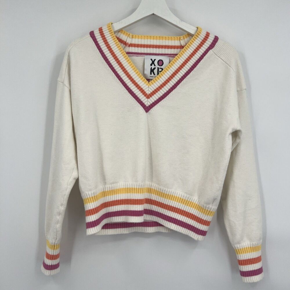Kerri Rosenthal XOKR V-Neck Sweater Size Small Bright Stripes Cropped